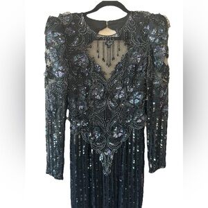 VTG Lillie Rubin Black Silk Beaded Sequin Maxi Gown Keyhole Back S Whimsigoth
